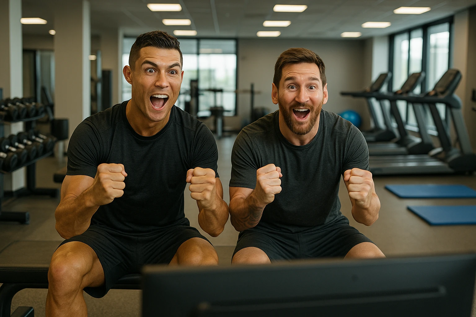 Ronaldo and Messi side by side, excited in front of a television, in a gym atmosphere emoji