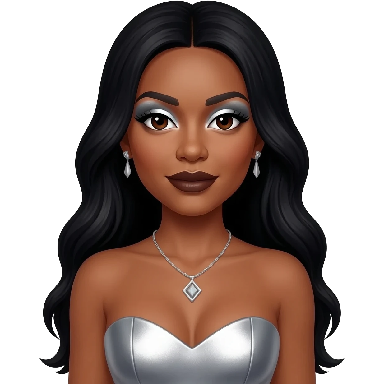 LeToya Luckett with dark brown eyes, long black hair, silver eyeshadow, dark brown lipstick, silver metallic sweetheart dress, silver necklace and earrings emoji