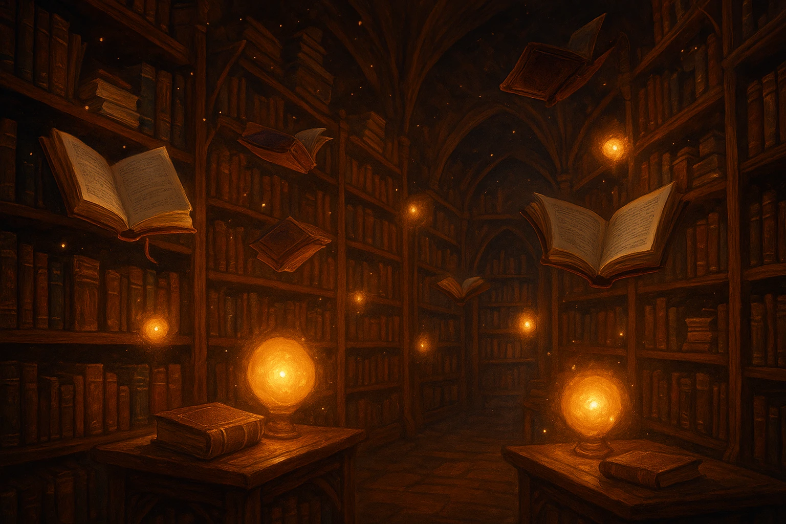 a magical library, floating books, glowing lights, whimsical atmosphere emoji