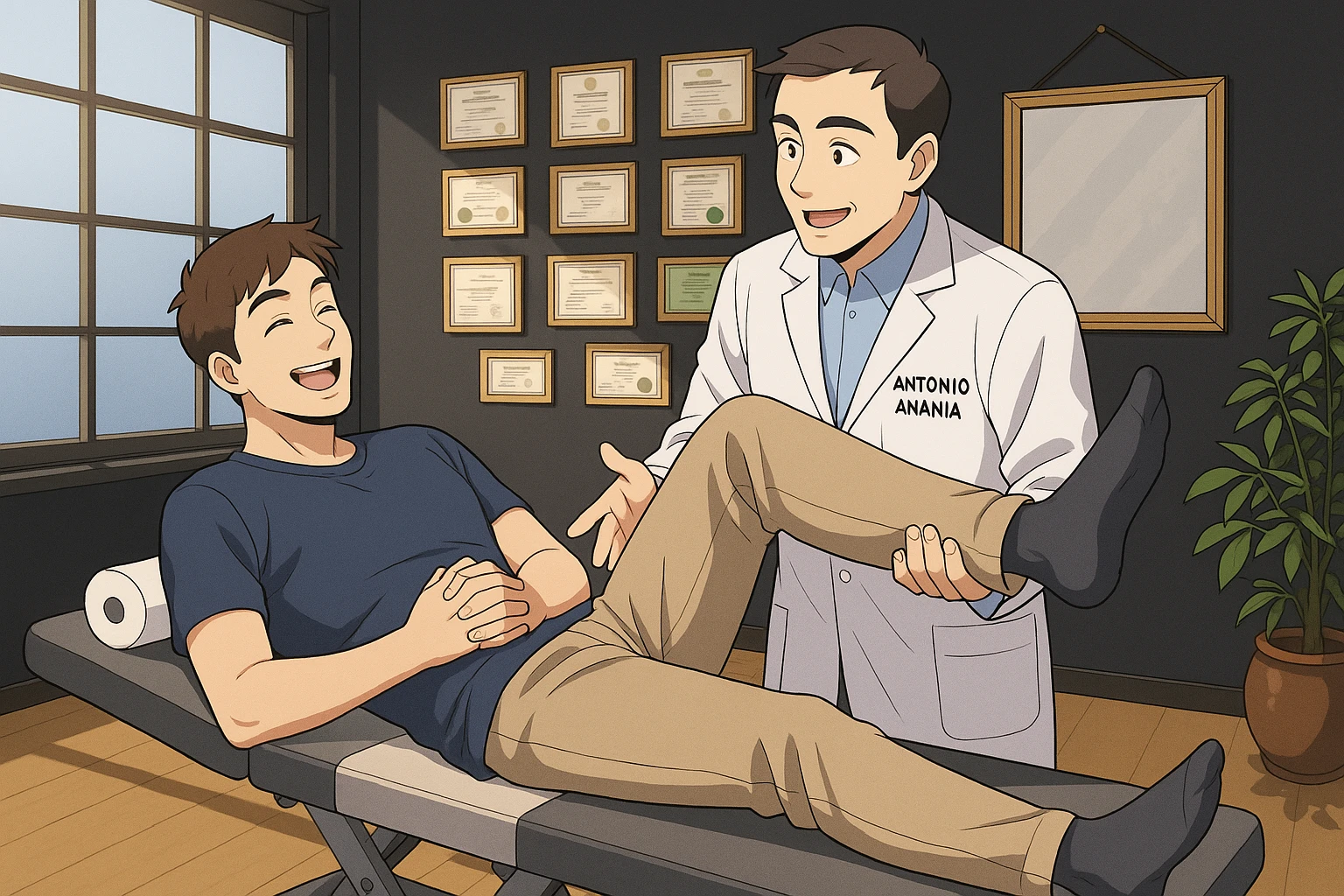 su questo lettino rappresenta un webtoon manga a colori con questo stile, in cui un uomo è steso sul lettino medico e il kinesiologo con il camice bianco (fagli anche la scritta "ANTONIO ANANIA" SUL CAMICE, gli solleva una gamba per fargli il test neuromuscolare, IL KINESIOLOGO SPIEGA ALL'UOMO UNA cosa mentre gli alza la gamba. l'espressione dell'uomo è felice e soddisfatta, non fare i fumetti però, fai solo in modo che sembri stiano parlando emoji