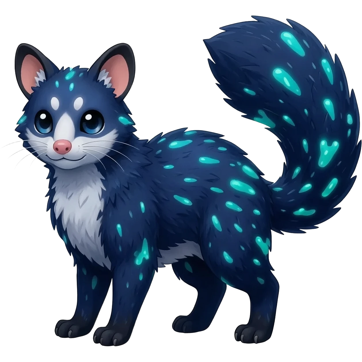 Hyper realistic  deep-ocean indigo fur seeded with bioluminescent plankton speckles beautiful elegant pretty precious cute  Fakémon-Pokémon-opossum-feline-serval-caracal-chinchilla-Furret-Minccino-hybrid-creature with a big fluffy bushy tail (full body) emoji