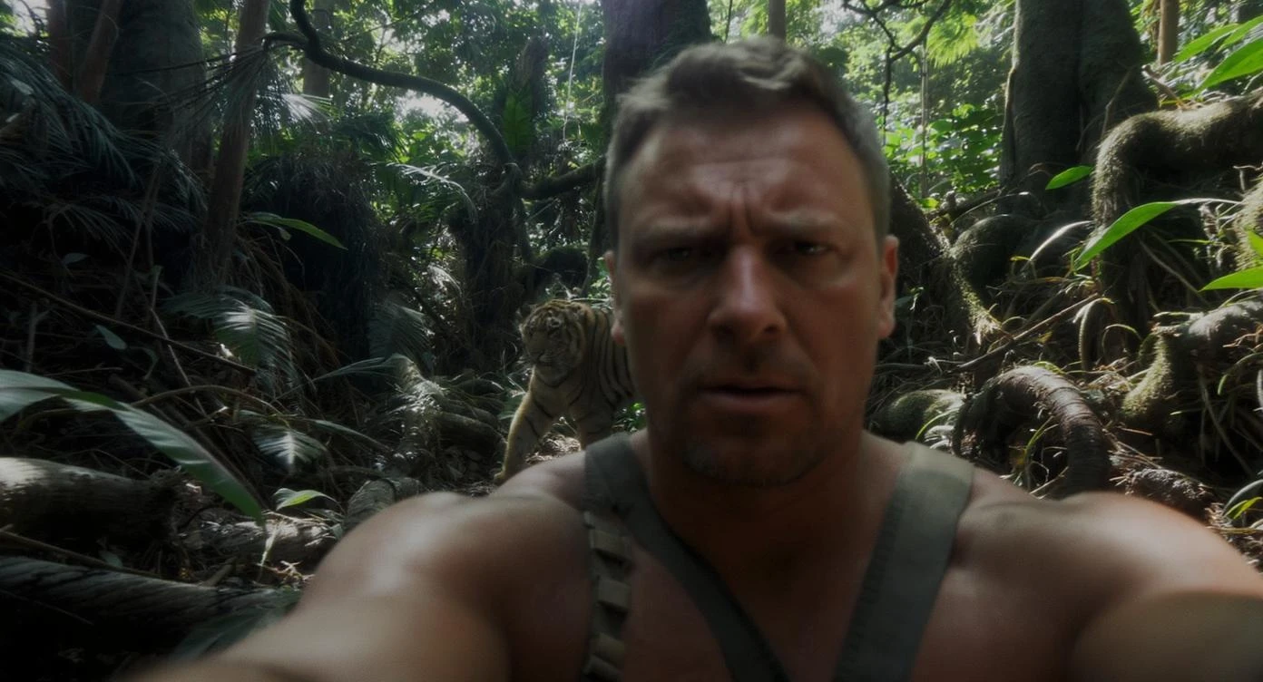 cinematic still, documentary photography, amazon jungle, well lit scene, man is exploring the jungle, close up, front shot, rule of thirds, tiger in background sneaking trying to jump on man emoji