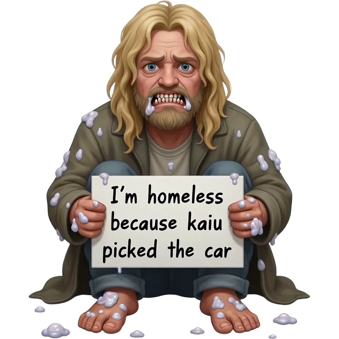 a weird buck tooth ah emoji with nasty feet with long blond hair and arms with boogers on them and he looks homelessand he is holding a sign that say I'm homeless because kaiu picked the car emoji