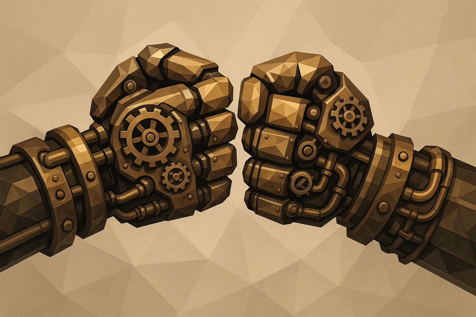 steampunk robot hands fist bumping, visible cogs and pipes, metallic textures emoji