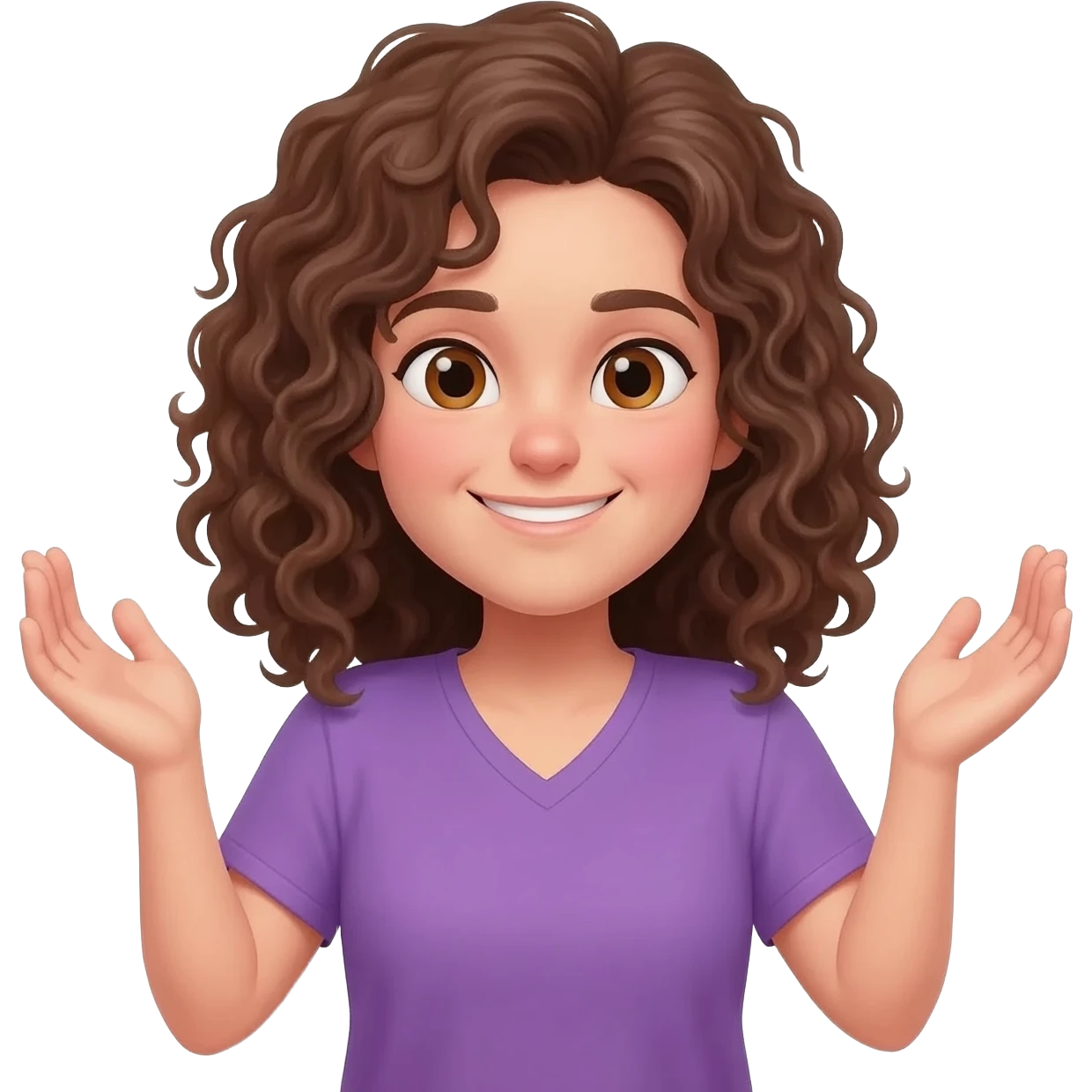 smiling face, brown curly shoulder length hair, hair touching shoulders, hazel eyes, pail skin, purple v-neck shirt, arms up in an emoji shrug position. with no third hand on shoulder emoji