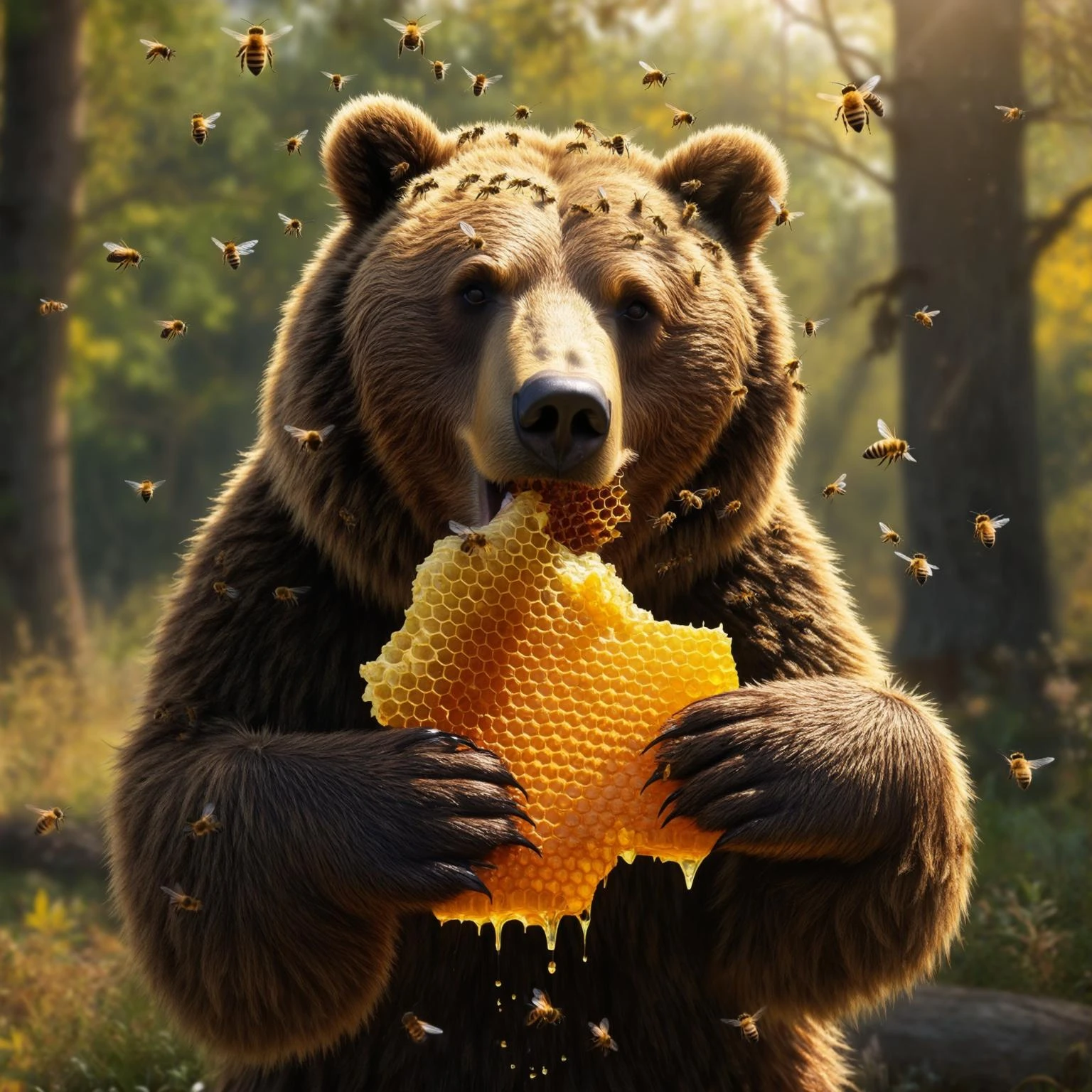 bear eating honeycomb with bees flying around emoji