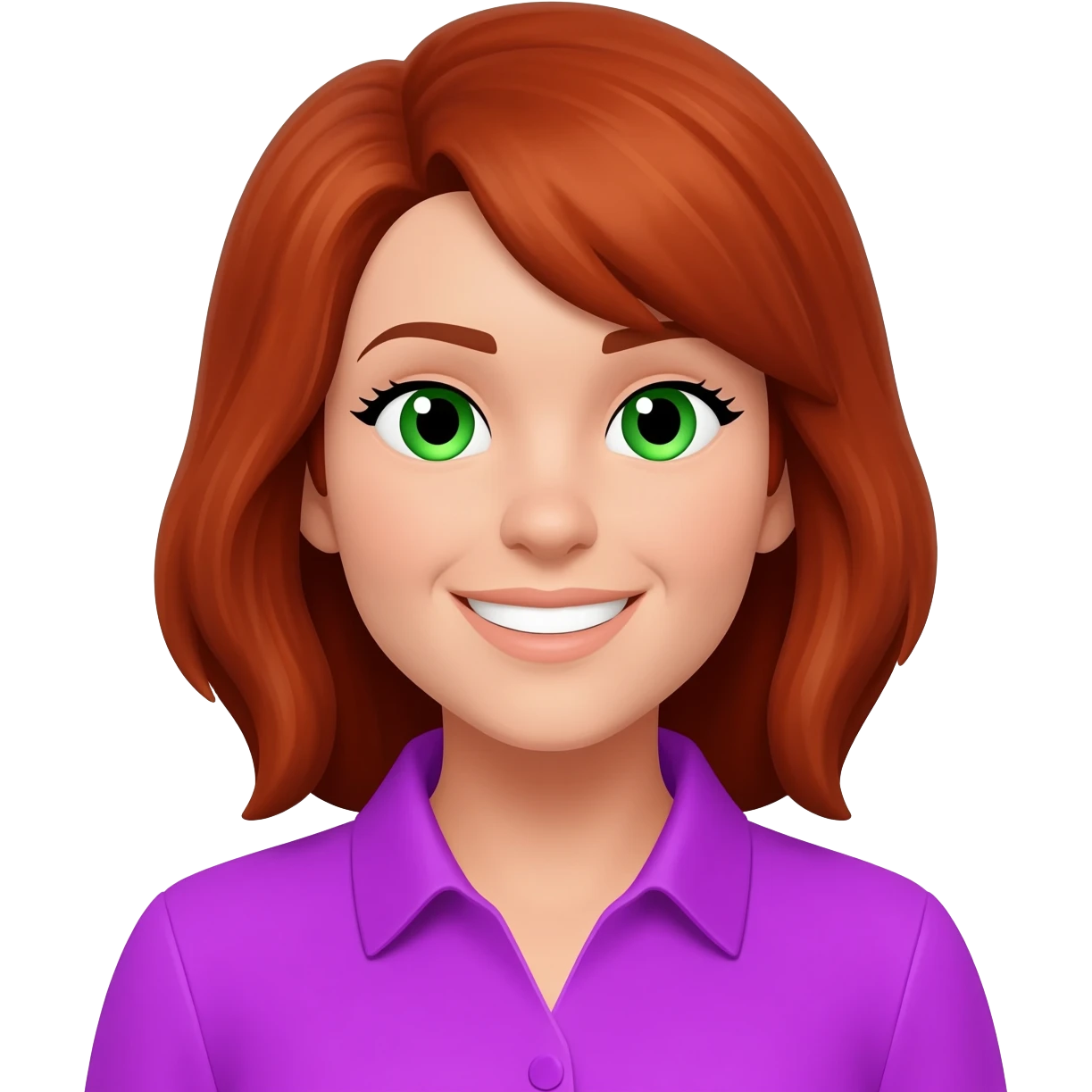 Tan Woman with  medium red brown hair and green eyes and purple shirt smiling emoji