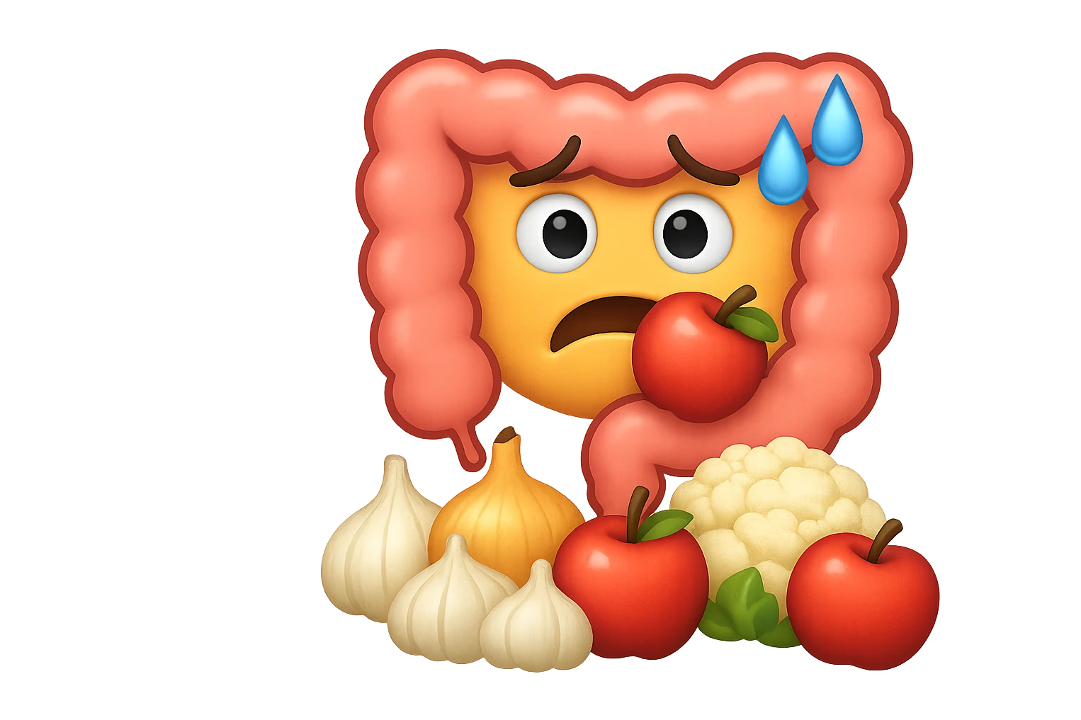EMOJI STILE IPHONE DI UN INTESTINO UMANO IN CRISI PERCHé STA MALE, IN BOCCA HA UNA MELA E DAVANTI A LUI C'è UNA MONTAGNA DI aglio, cipolle, cavolfiore e mele emoji