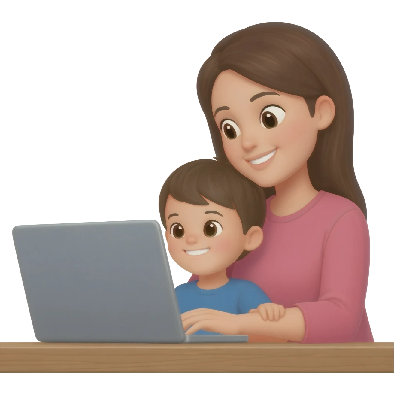 Девушка с ребенком на фото работает онлайн за ноутбуком радостная emoji