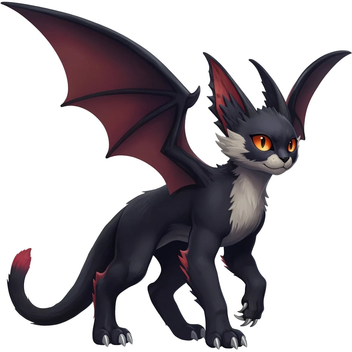 dark dull pointy edgy Noivern-Noibat-Purloin-Torracat-Lykoi-Caracal-bat-cat-Fakemon-fusion-hybrid-creature with bat-wings on head as ears emoji