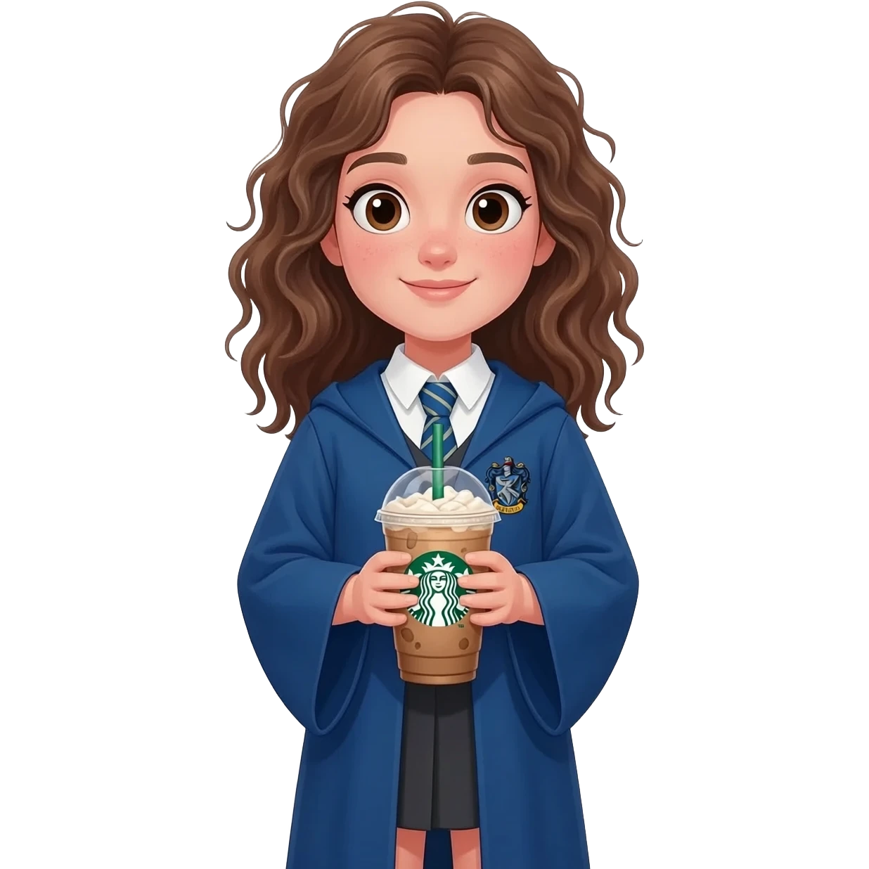 a fullbody girl with messy wavy hair in a blue Ravenclaw robe, she's standing and holding an ice starbucks americano in her hands emoji