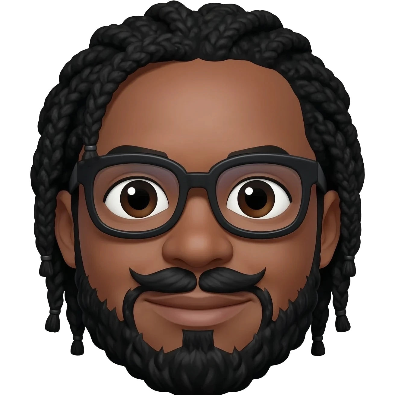 African American man with shoulder length black dreadlocks in on a braided hair style wearing black glasses with black moustache and beard separated with slightly chubby face emoji