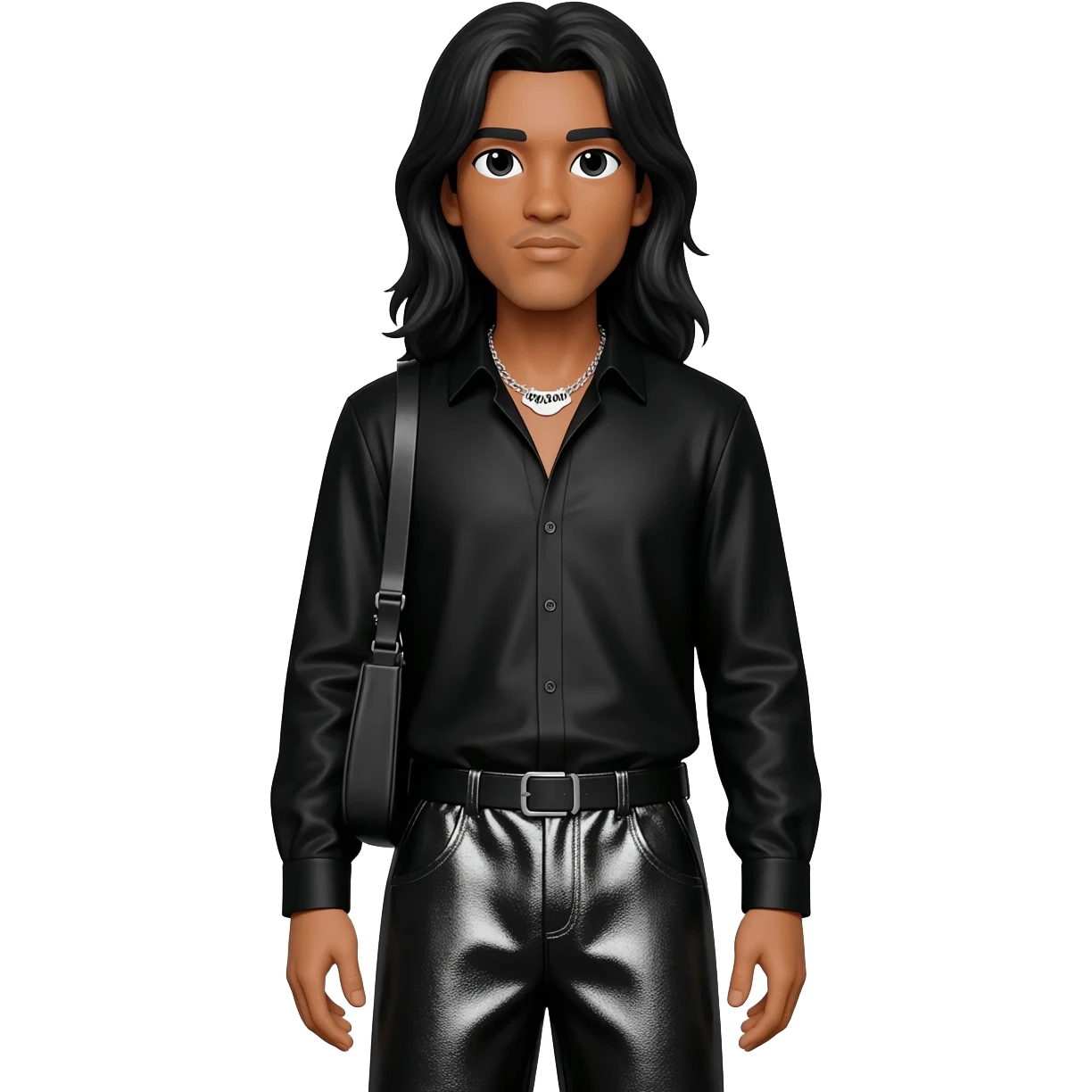 Bizzy Bone with light tan skin, long black hair, black metallic shirt, black metallic baggy pants, silver necklace emoji
