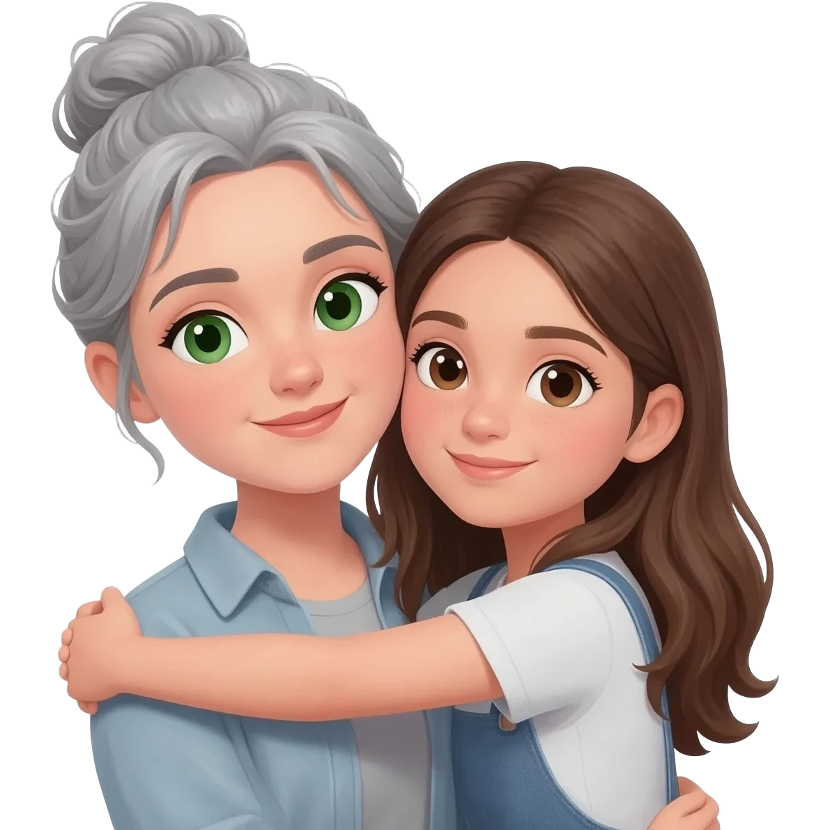 MUJER JOVEN, PELO GRIS, MOÑO INFORMAL DESPEINADO, OJOS VERDES  Y CARA OVALADA ABRAZA A NIÑA ADOLESCENTE MORENA PELO LARGO emoji