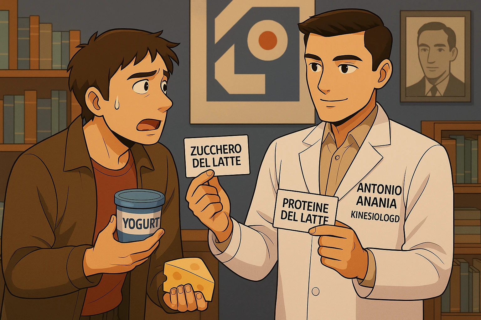 fai un webtoon manga a colori con questo stile, in cui un uomo fa una domanda al kinesiologo con il camice bianco (fagli anche la scritta "ANTONIO ANANIA" SUL CAMICE, l'uomo chiede una cosa mostrando un formaggio e uno yogurt al kinesiologo con il camice, IL KINESIOLOGO annuisce e SPIEGA ALL'UOMO UNA cos. L'UOMO ha un ESPRESSIONE CONFUSA IN VOLTO. non fare i fumetti però, fai solo in modo che sembri stiano parlando emoji