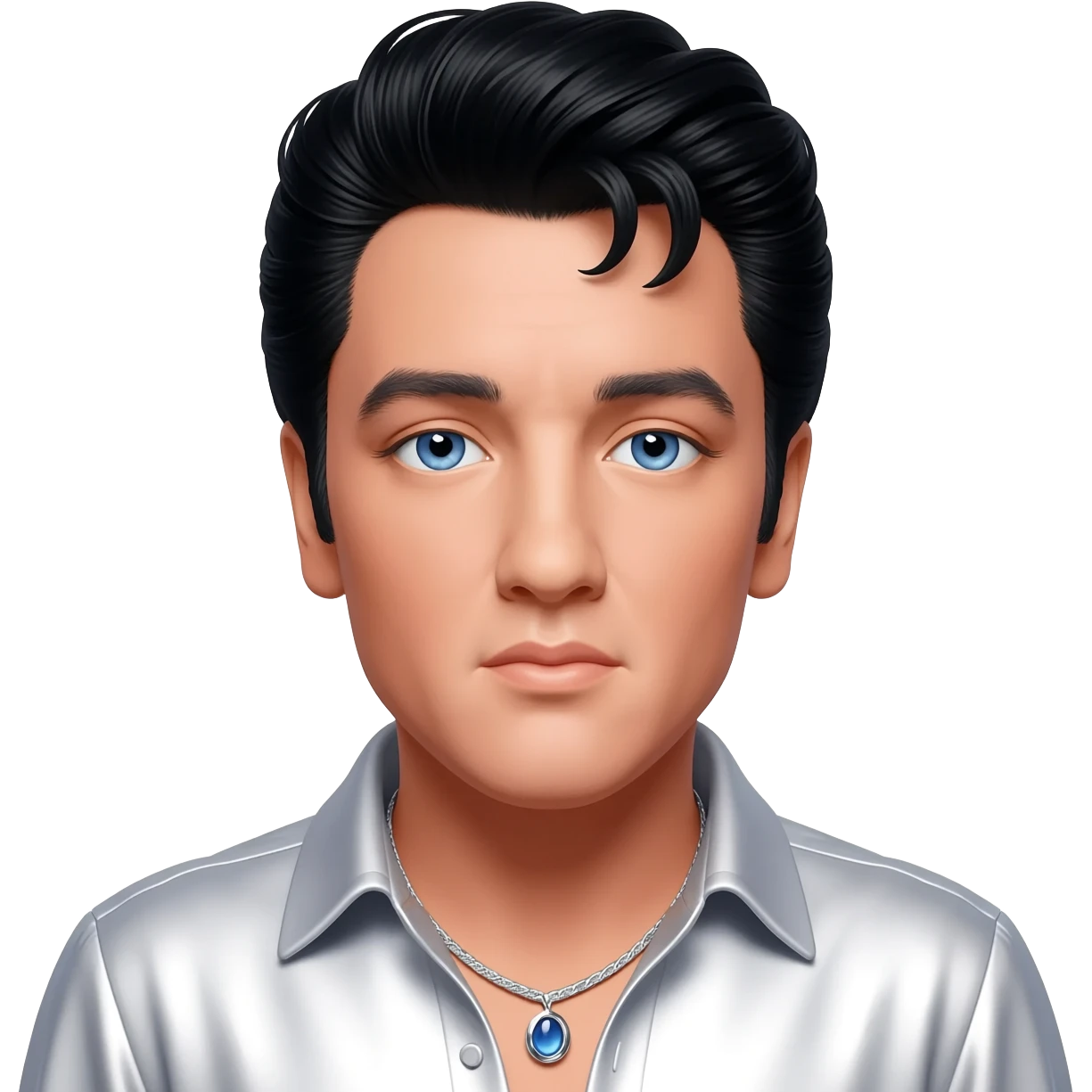 Elvis Presley with blue eyes, black hair, white metallic shirt, silver necklace emoji