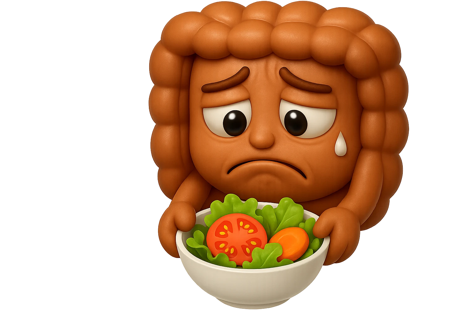 EMOJI STILE IPHONE DI UN INTESTINO UMANO ANATOMICO CHE GUARDA UN INSALATA CON ESPRESSIONE TRISTE E RASSEGNATA IN VOLTO: SOFFRE LA FAME PERCHé è A DIETA, FAGLI ANCHE LA PARTE BIANCA DEGLI OCCHI, NON SOLO LE PUPILLE, IPERREALISTICO 4K emoji