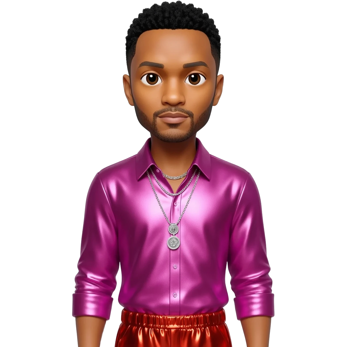 John Legend with black hair, fuchsia metallic shirt, red metallic baggy pants, silver necklace emoji
