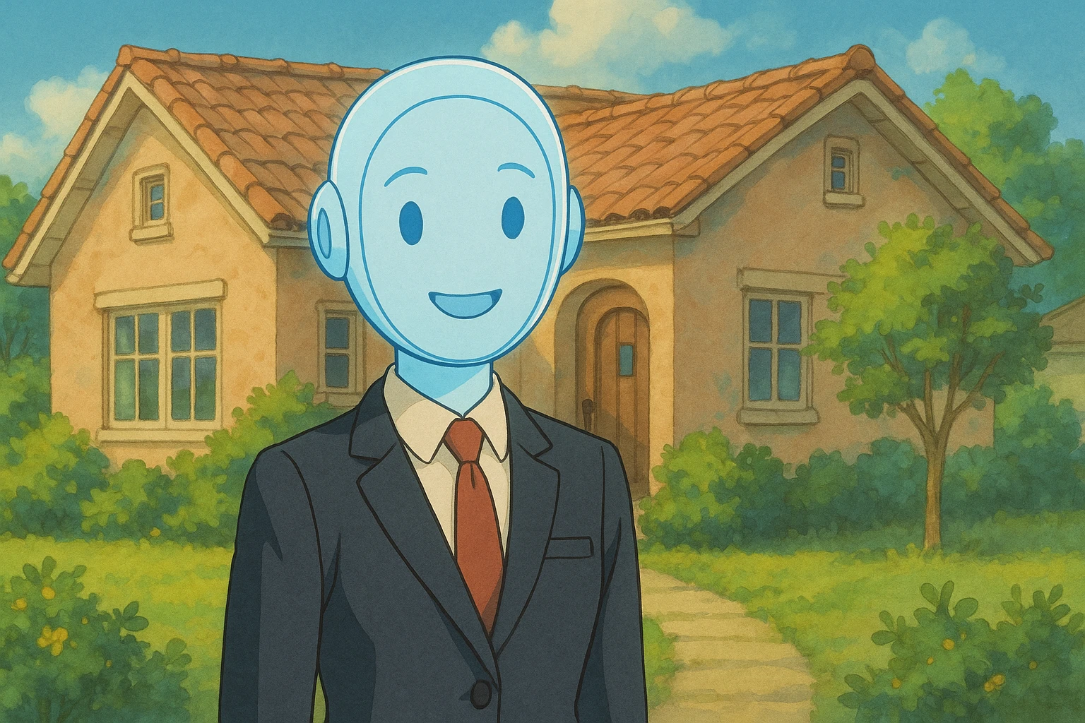 AI avatar for real estate, smiling, standing in front of a house, business suit, welcoming, soft colors, ghibli-inspired emoji
