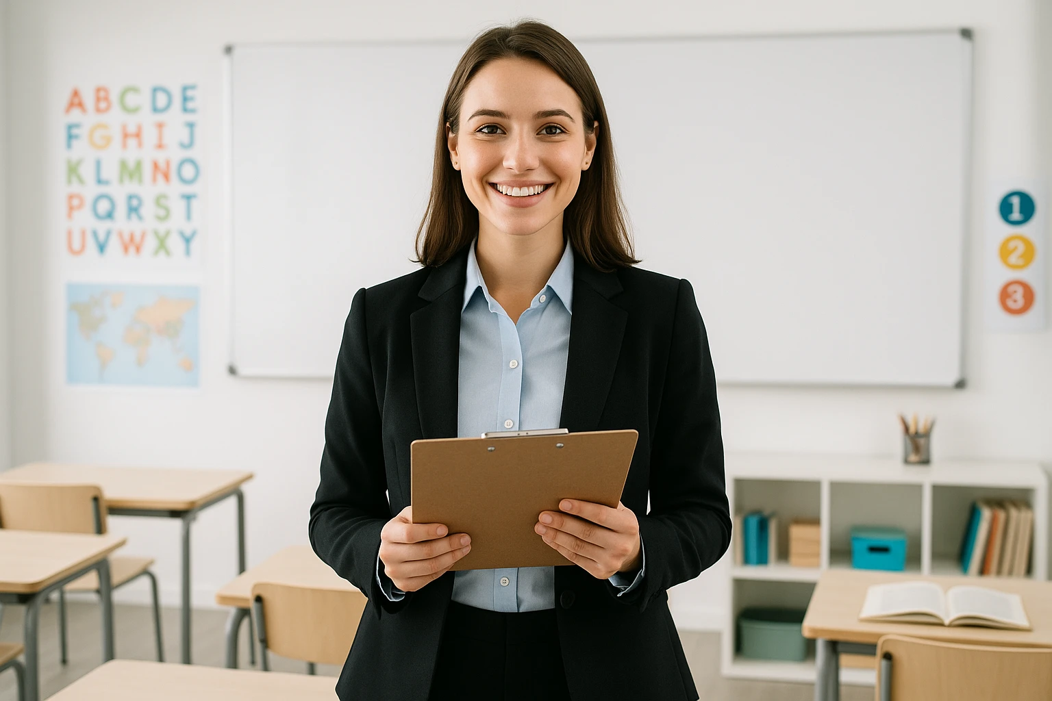 a young female teacher, smiling, holding a clipboard, professional attire, modern classroom background emoji