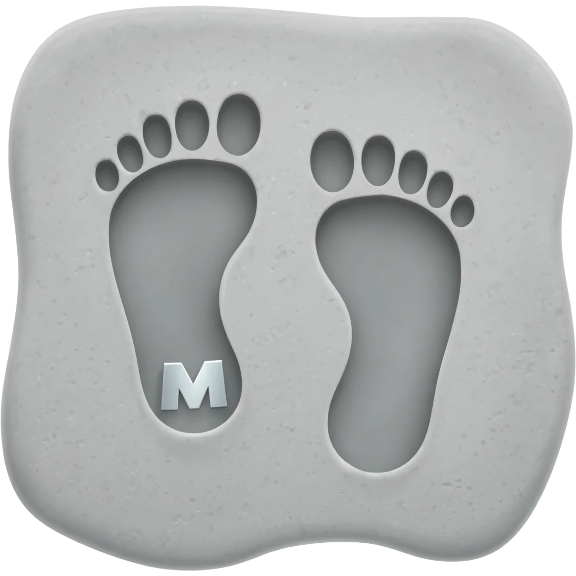 Minimalist 3D emoji: two stylized, bare footprints impressed deeply into soft, wet concrete. Textured surface. Engraved inside the heel of the leading footprint is a small, sharp chrome geometric 'M'. Isometric view, isolated on white --no background emoji