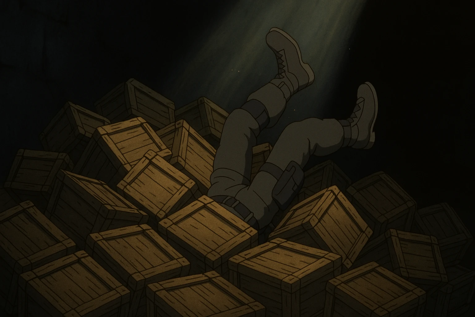 A pile of small oblong crates hidden in a dark area with a beam of light shining from above, with someone’s boots sticking out like they dove in, tactical gear clothing  emoji