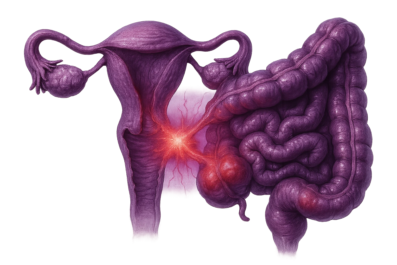 utero umano anatomico iperrealistico e intestino umano anatomico iperrealistico hanno in comune il dolore e l'infiammazione, rendi bene il collegamento tra i due organi doloranti, falla iperrealistica, non disegnata, fai colori che si adattano a questo viola #971ef1 emoji