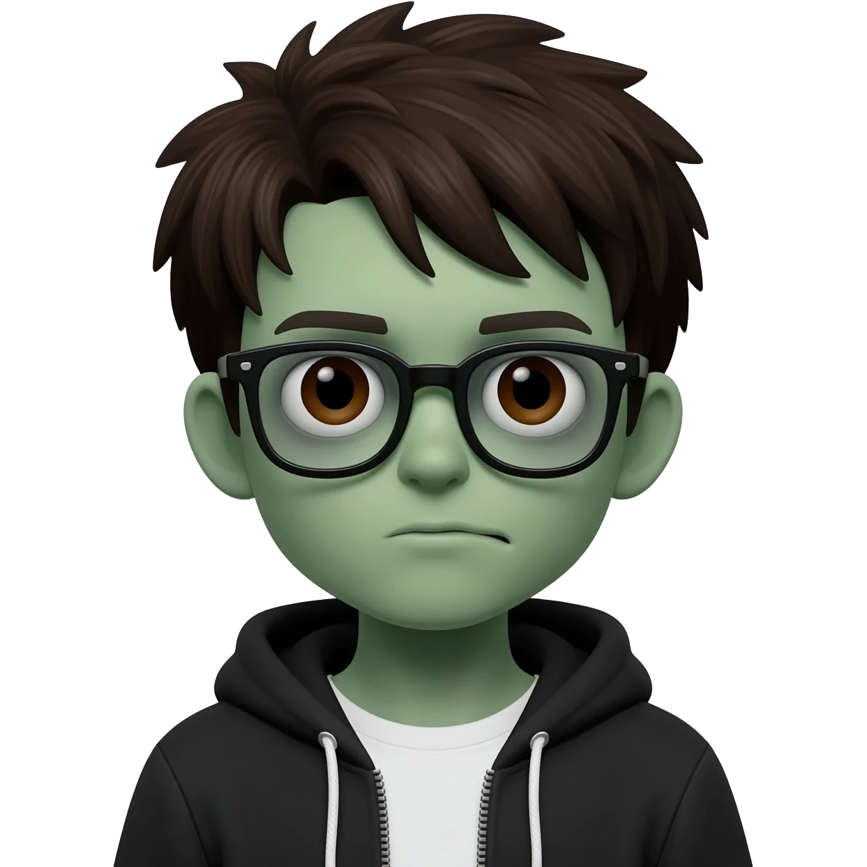 zombie boy with white tshirt and black brownish hair and with black glasses frames on hair is texturized young boy and round face more green face and dark brown eyes black y2k hoodie with the white t-shirt under it emoji