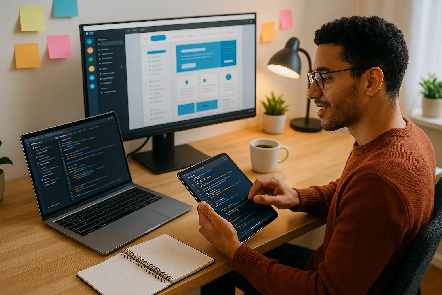 A programmer working with both a tablet and a laptop, modern workspace, digital tools visible, energetic and creative vibe. emoji
