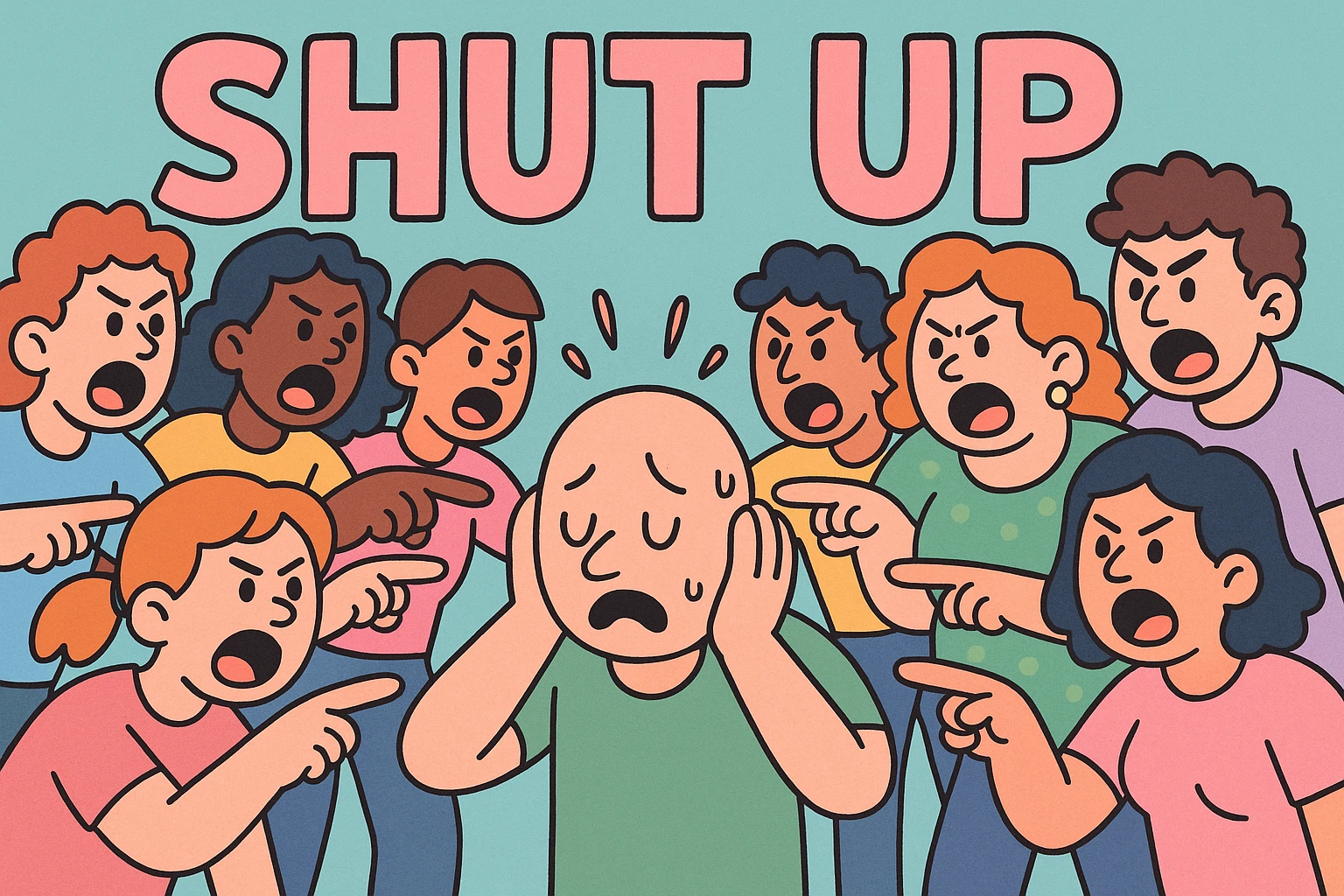 a crowd of people pointing and yelling at a bald man, pastel toon style, playful and colorful, with 'shut up' in large letters emoji