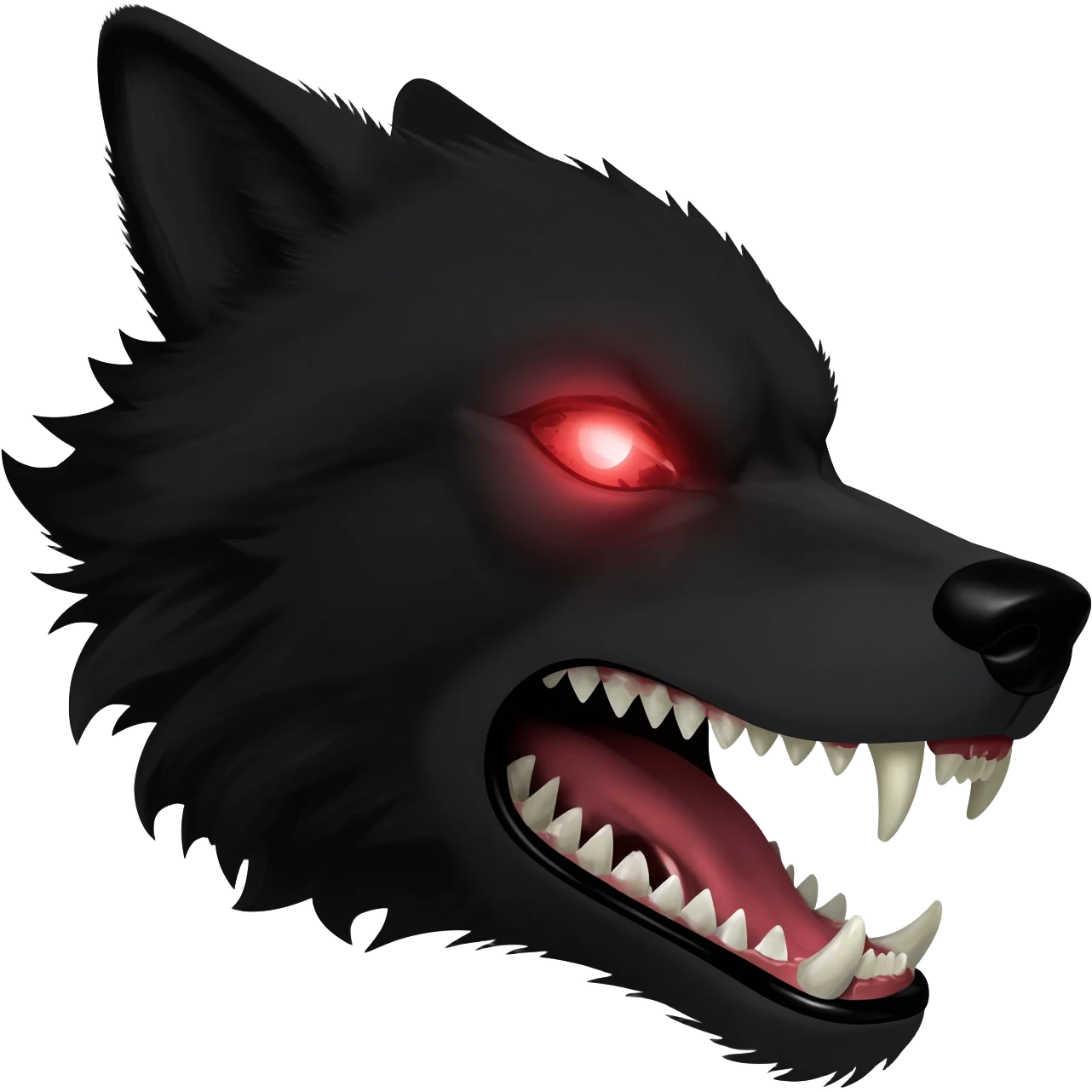 Angry  black wolf with visible red eye only face and small emoji
