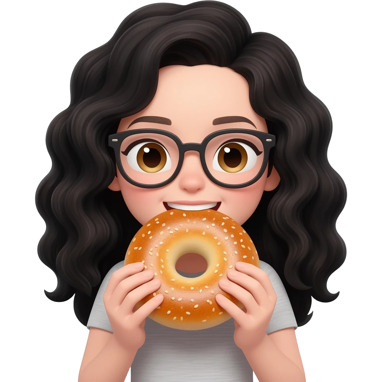 white girl, black wavy hair, glasses, eat bagel emoji