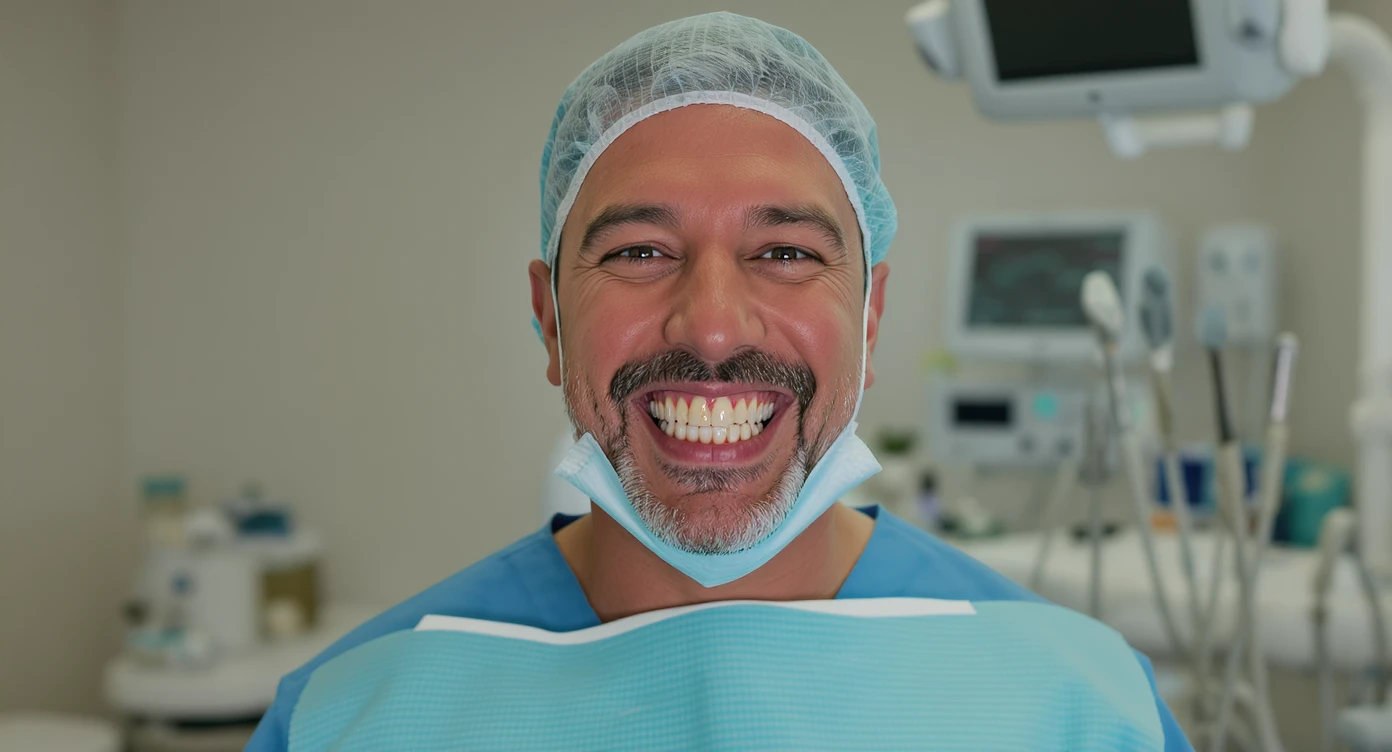 dentist smiling to camera with ugly teeth (bad and yellow teeth), cinematic shot, minimalistic clinic in background emoji