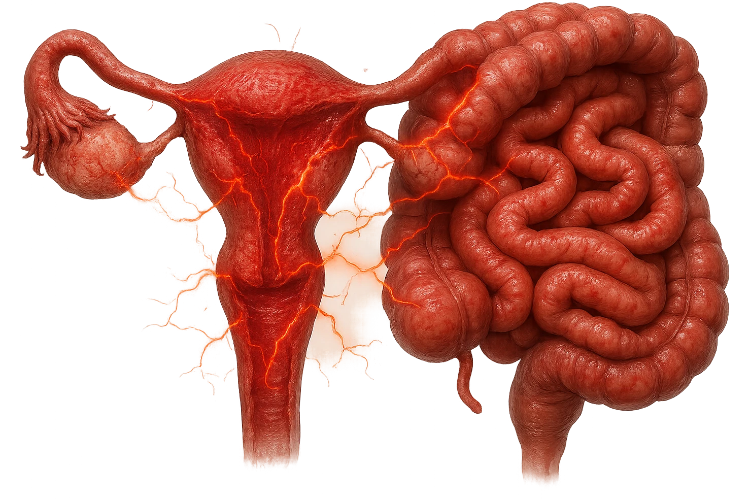 utero umano anatomico iperrealistico e intestino umano anatomico iperrealistico hanno in comune il dolore e l'infiammazione, rendi bene il collegamento tra i due organi doloranti, falla iperrealistica, non disegnata emoji