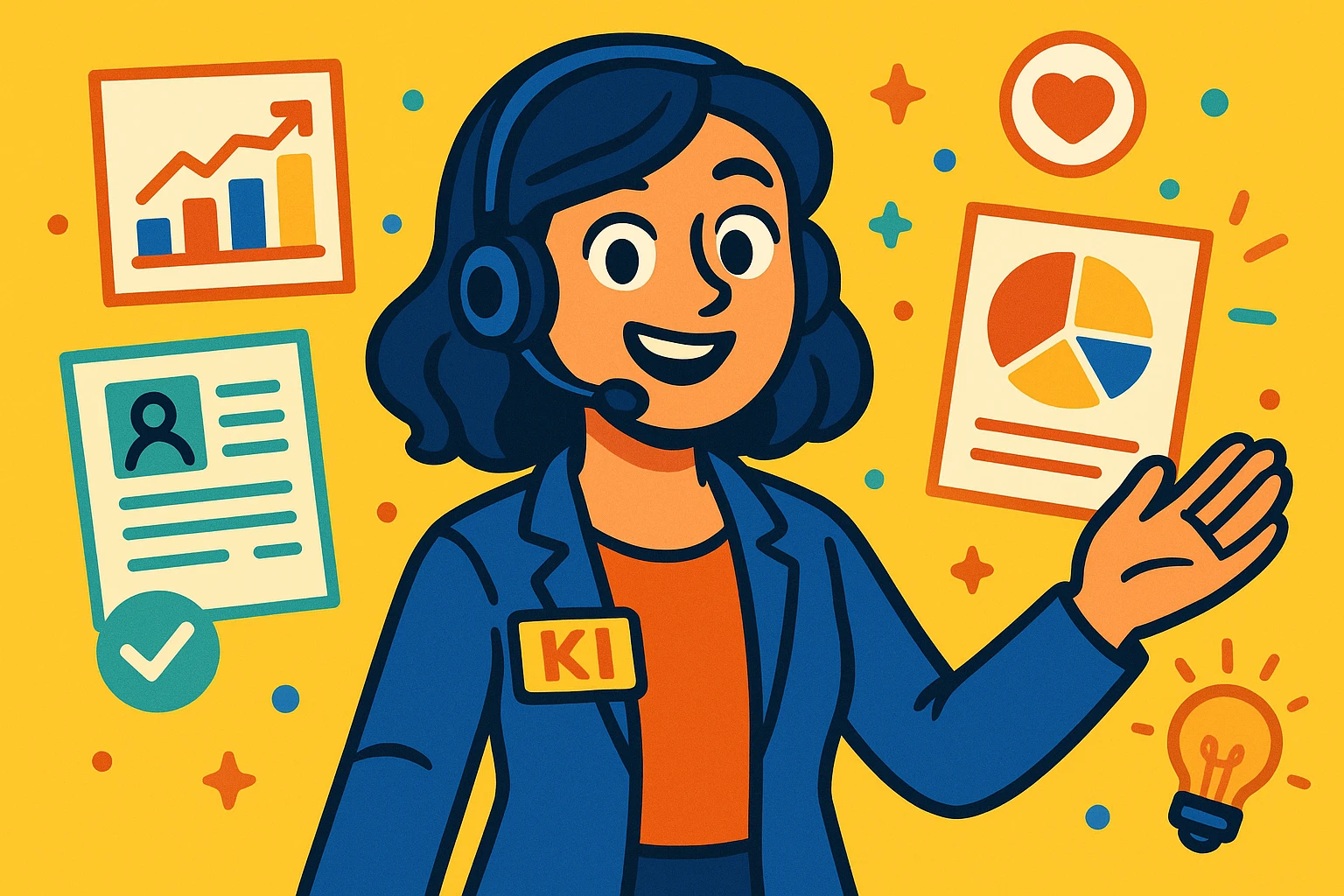 KI-Mitarbeiterin mit Headset und HR-typischen Accessoires, die positive Energie und Ermutigung vermittelt, einladender lebendiger Vibrant Toon Stil emoji