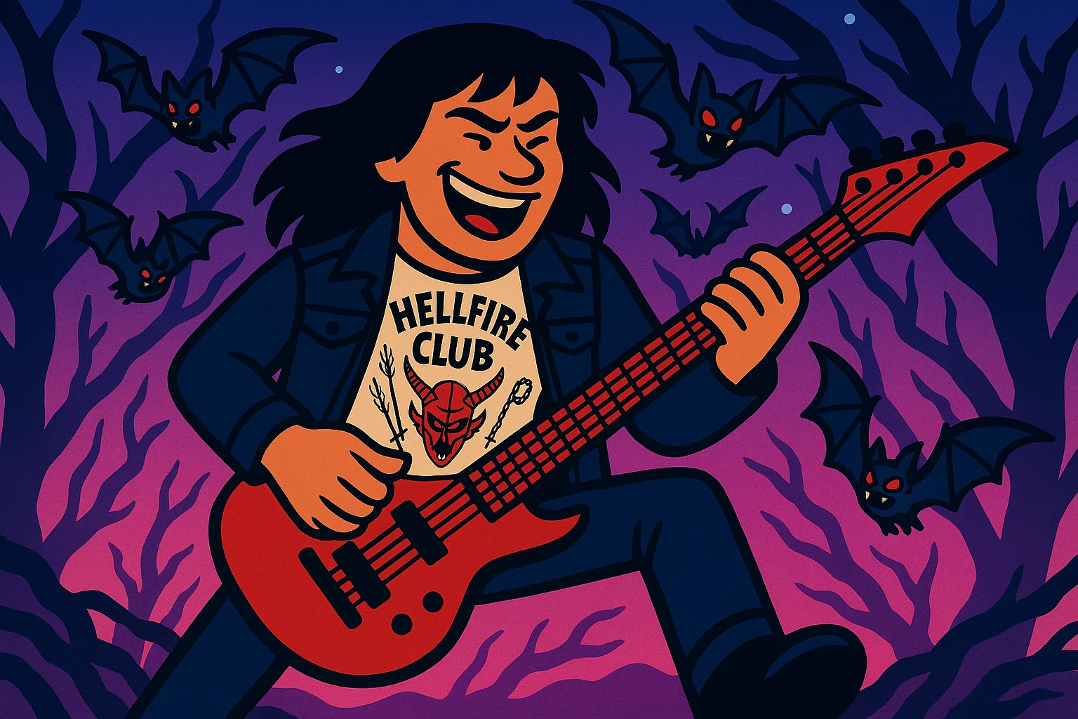 Add several demobats flying around Eddie Munson as he plays guitar in the Upside Down. Keep the shadows light and the outlines very dark and defined. Use vibrant toon style with a wide aspect ratio (16:9). The image should be ideal for post-editing. emoji