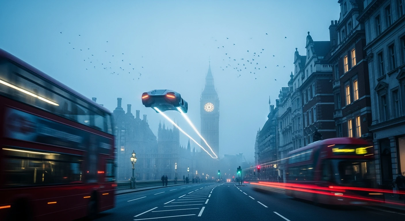Cinematic shot of a london street, cloudy foggy day, soft light, car flying, leading lines to big ben in distance, multi composition, in foreground blurred car, on second street around UK bulding, od another plan in distance big ben, birds flying, artistic look, captured on arri alexa 35, blue hour emoji