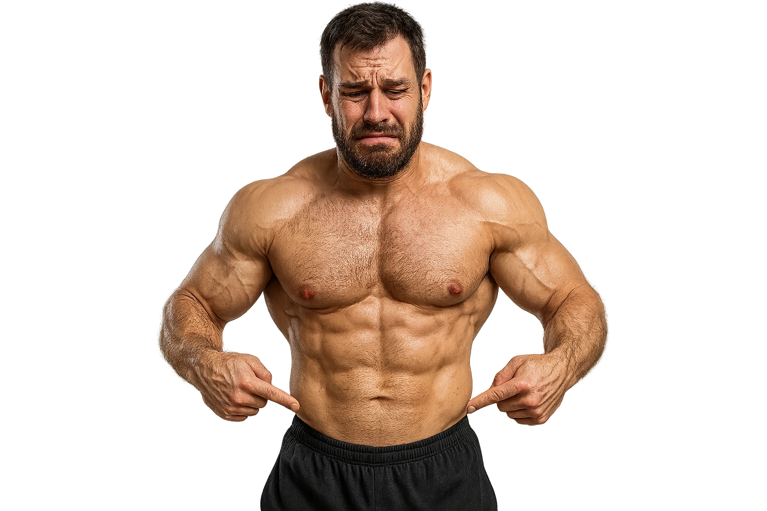 BODYBUILDER CHE SI INDICA I FIANCHI CON ESPRESSIONE AFFLITTA, ISOLATO SU SFONDO BIANCO, IPERREALISTICI 4K emoji