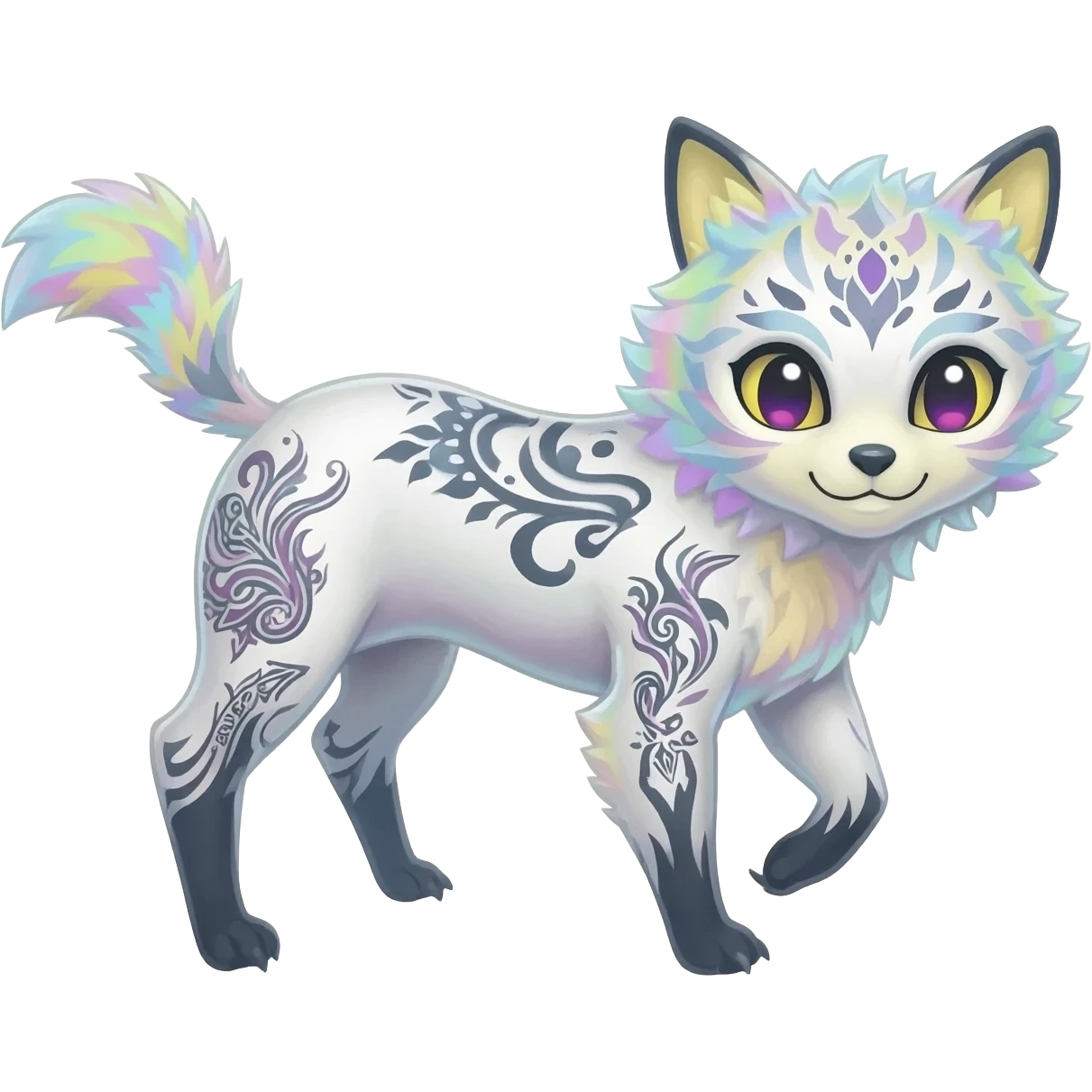 Rare neon iridescent white exotic cute epic aesthetic gothic colorful Salandit-Eevee-Civet-species-Fakemon-hybrid-creature, with intricate tattoo markings, full body emoji