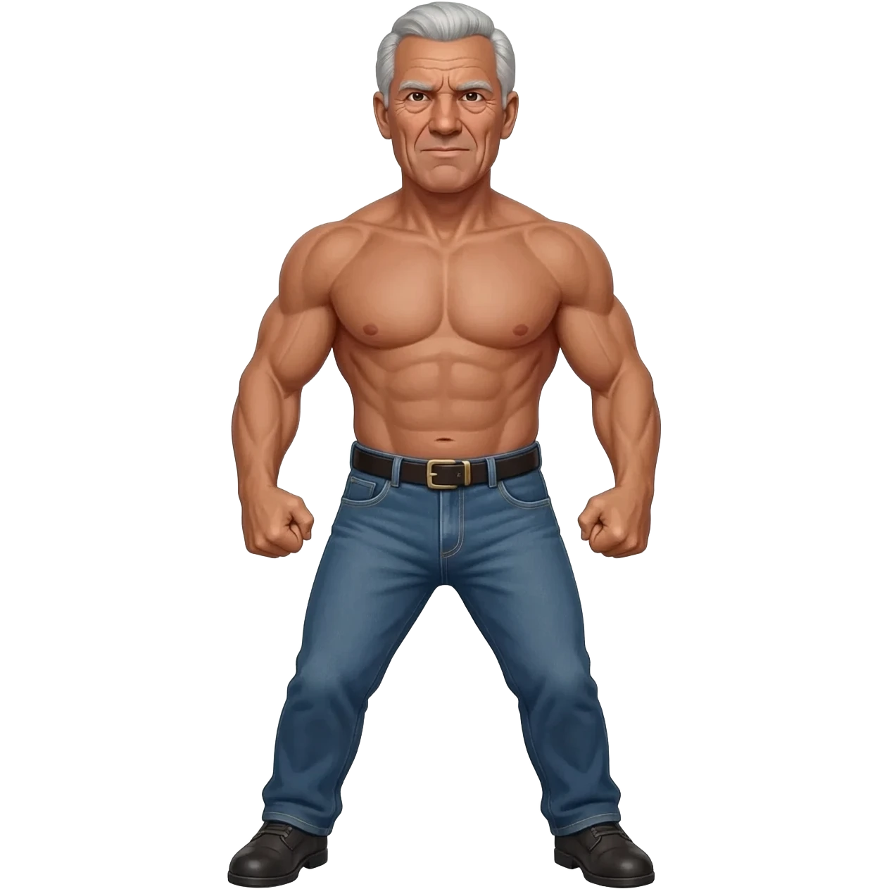 RFK Junior, u.s. health secretary, full body, a Grey haired old man with the voice of a broken robot with a wrinkly face that's "in shape" in a realistic photo style, full body, shirtless, full body super hero pose in jeans emoji