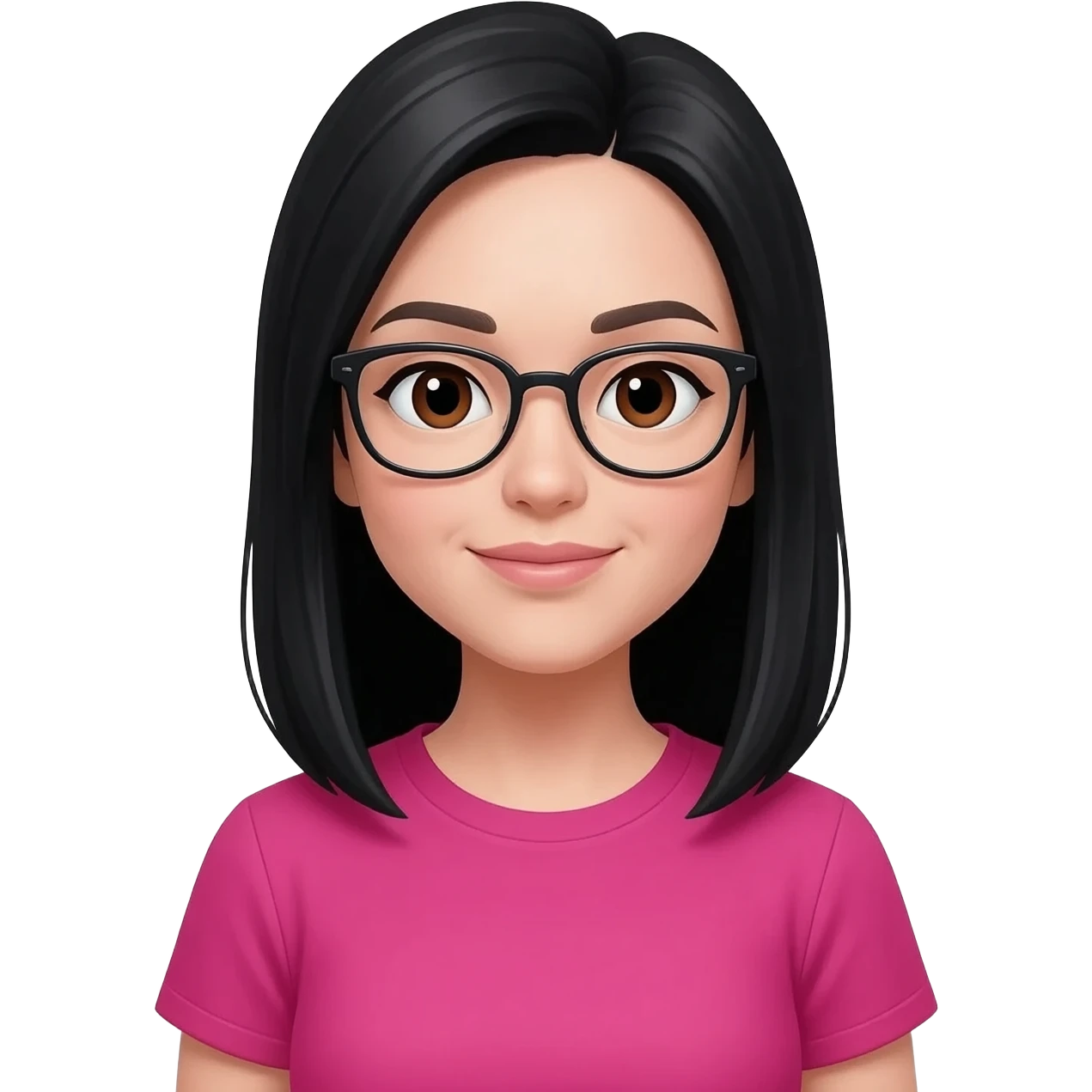 una mujer pelo liso negro   con lentes ojos cafe polera rosada fuccsia emoji