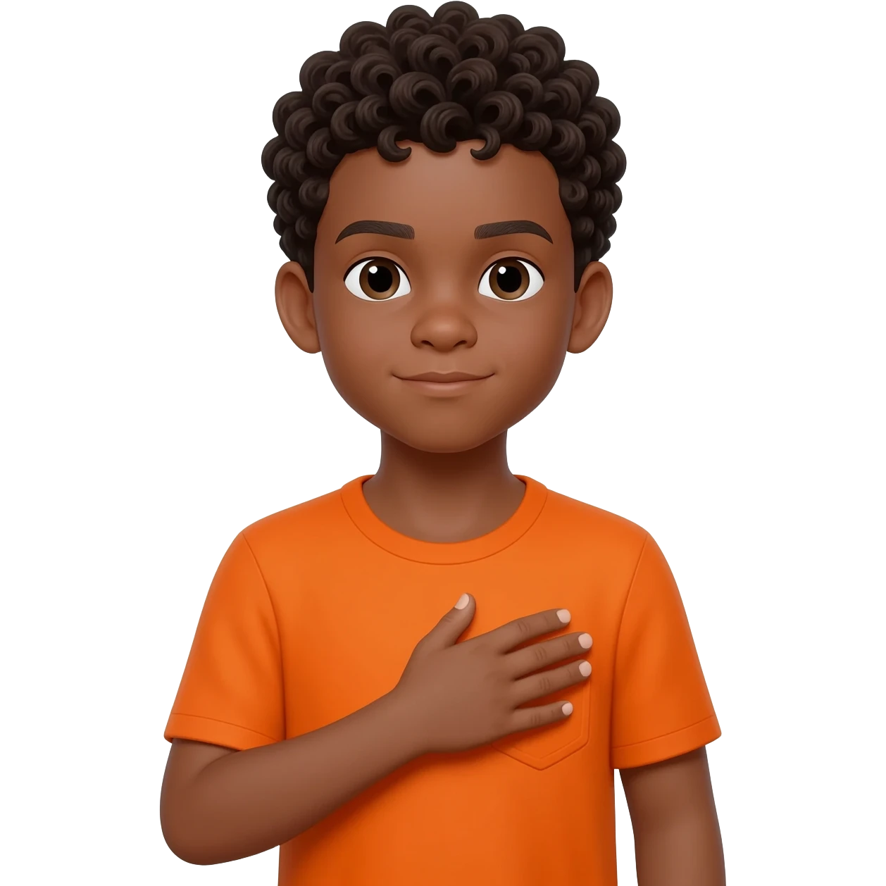 black boy curly hair orange shirt hand on heart emoji
