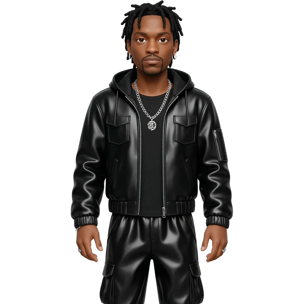 Timbaland with black hair, black metallic t-shirt, black metallic jacket, black metallic baggy pants, silver necklace emoji