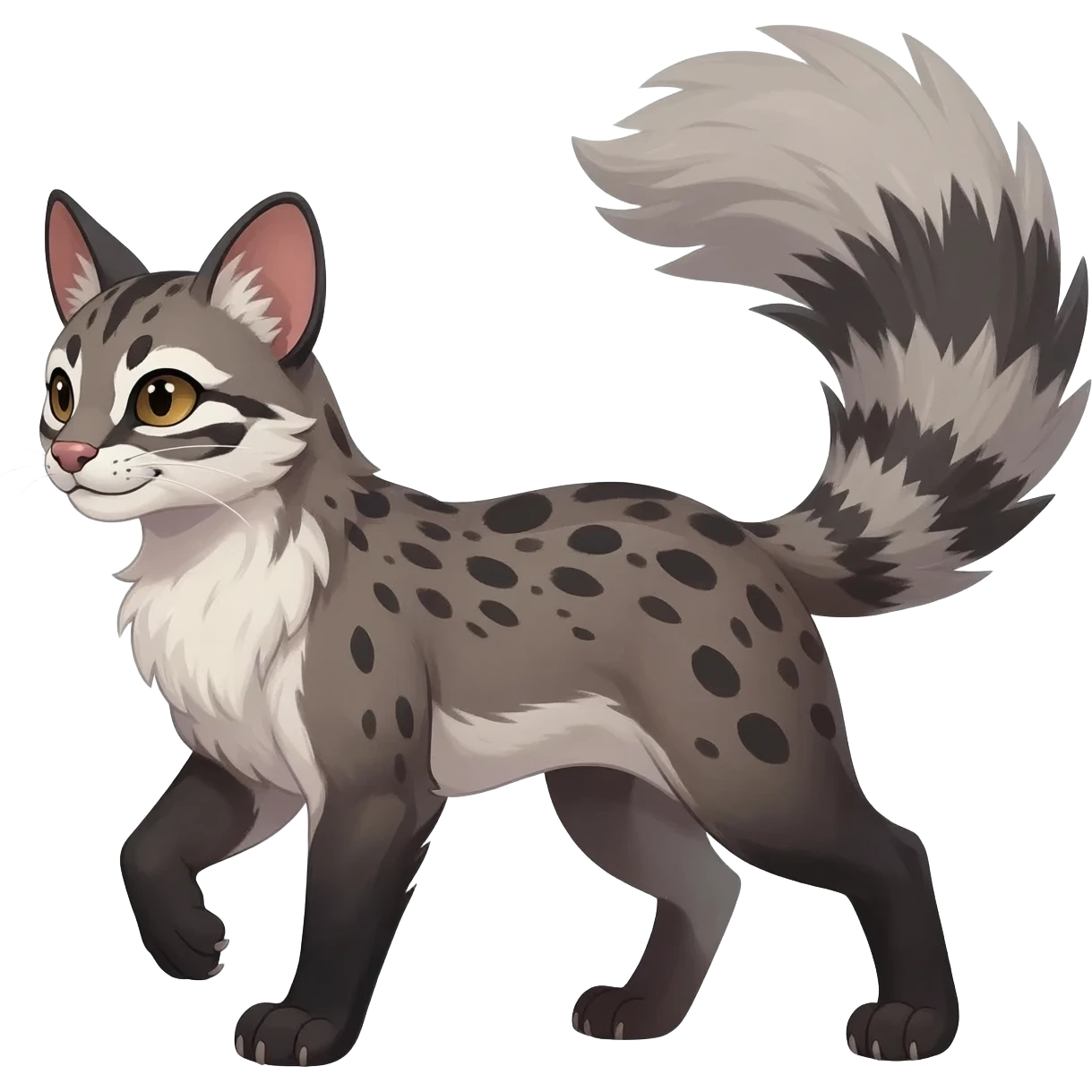 Feral Rare Fantasy shaded detailed colorful Genet-Trico-Civet-Cacomistle-Margay-Opposum-species by LiLaiRa,, with white stripes with dark-blackish points, white belly, random markings, tufted tail, tufted ears, full body emoji