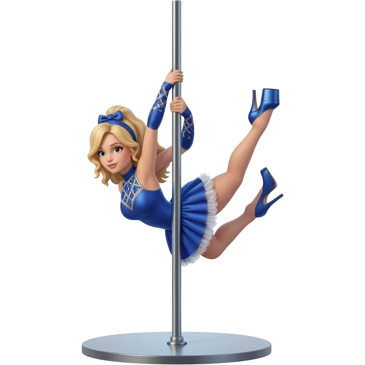 blond girl in blue costume doing trick on pole with heels on emoji
