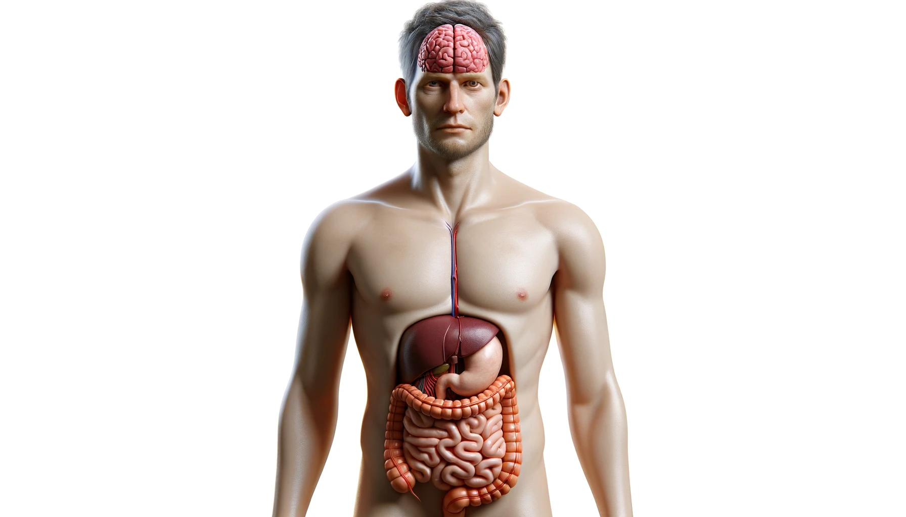 corpo umano anatomico con cervello, intestino e stomaco in evidenza, espressione neutra in volto, posa frontale, iperrealistico 4k, isolato su sfondo bianco emoji