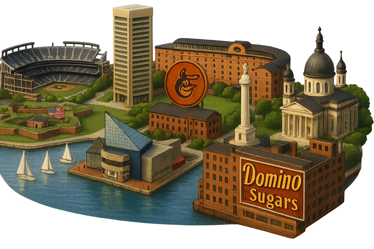 cinematic realistic emoji of Baltimore, wide city view with iconic landmarks: Inner Harbor, National Aquarium, Fort McHenry, Oriole Park at Camden Yards, M&T Bank Stadium, Baltimore Basilica, Washington Monument (Baltimore), and the Domino Sugars sign. Lifelike detail, accurate colors, bright daytime lighting, no sky, no clouds, no city name label, transparent background emoji
