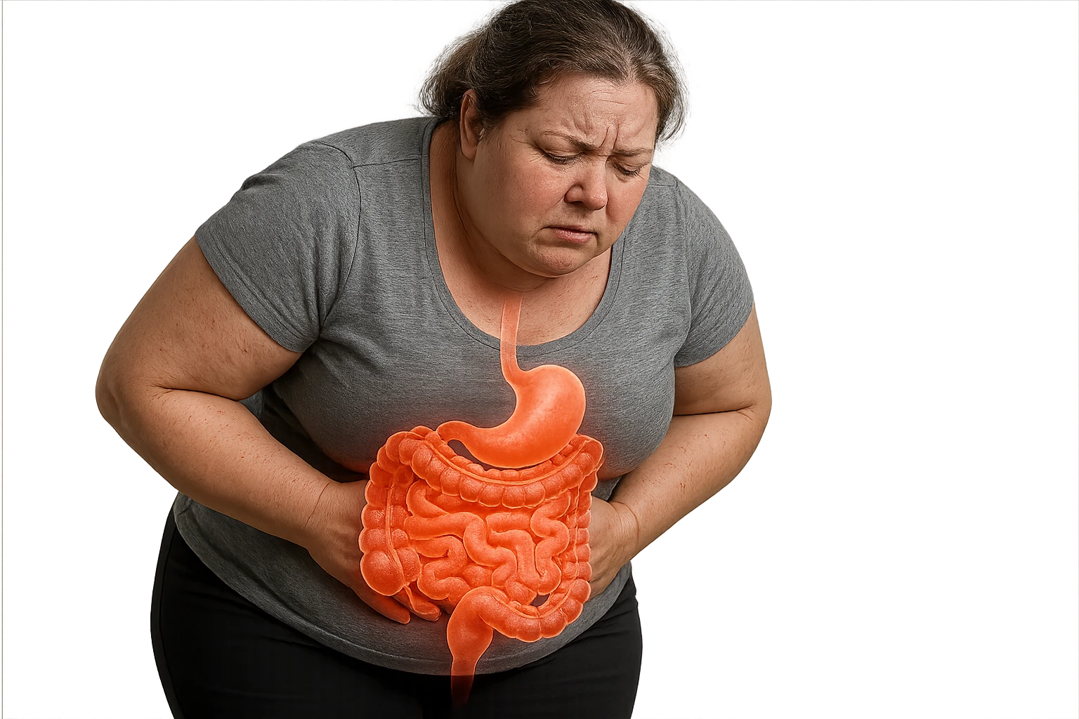 DONNA LEGGERMENTE SOVRAPPESO PIEGATA IN AVANTI FRONTALMENTE CON INTESTINO ANATOMICO IN EVIDENZA, MAL DI PANCIA iperrealistico 4k emoji