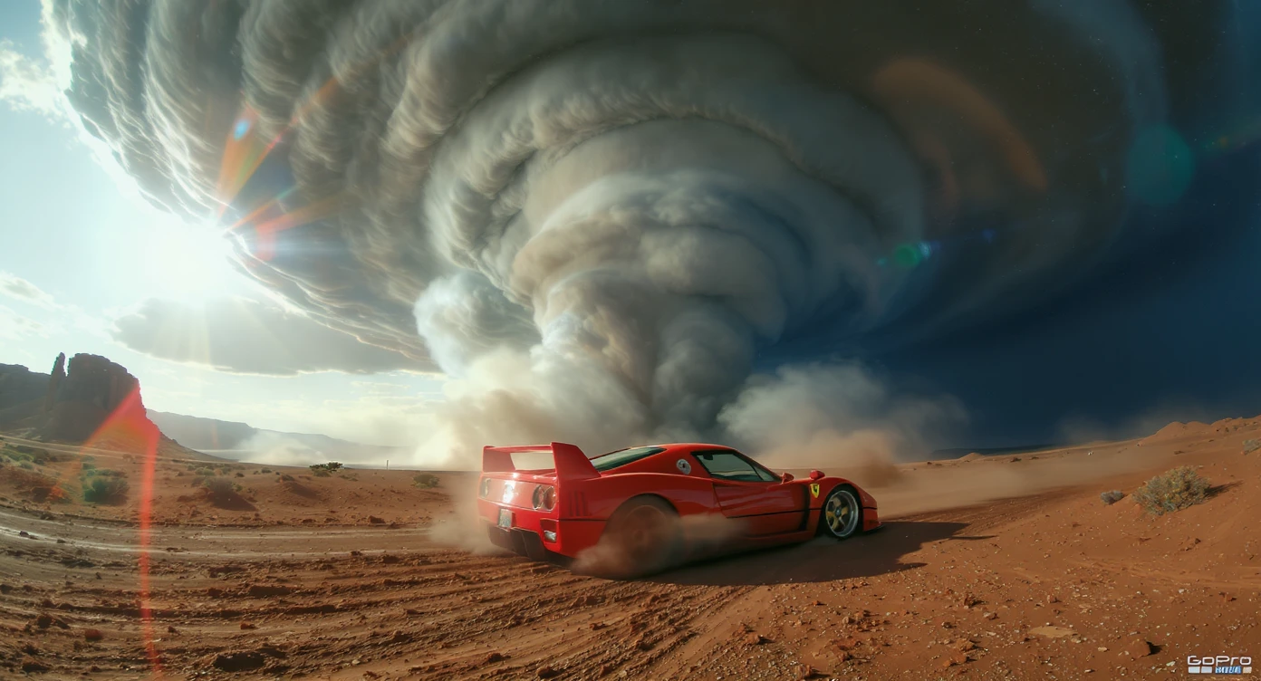 Cinematic still of a ferrari f40 around tornado od arizona desert, sun flare, big earth in background, captured by gopro hero with effect fisheye emoji