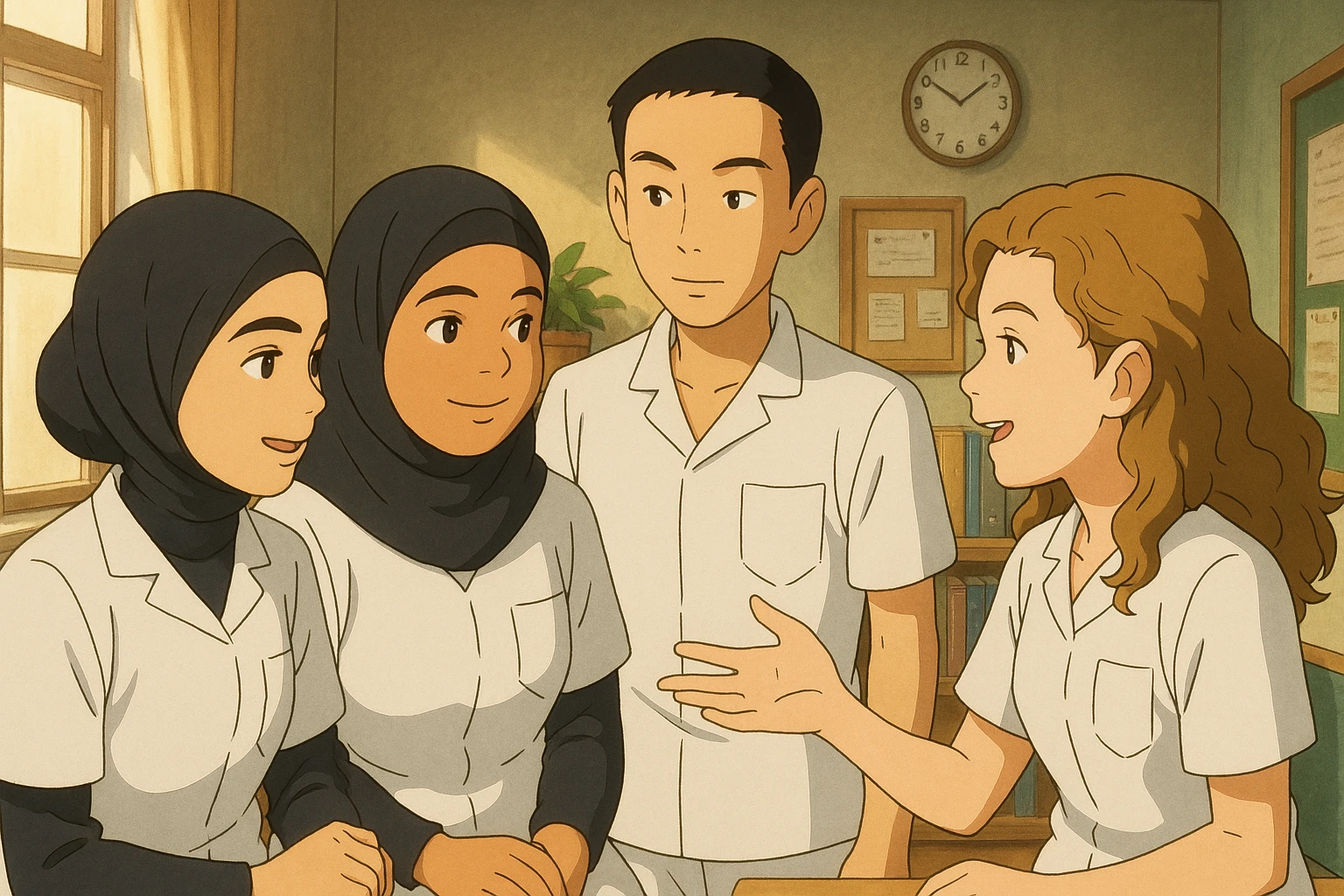 Ghibli style interior scene with four nursing students interacting. They wear white short-sleeve uniforms with V-neck medical tunics and a left chest pocket, no stethoscopes or clothes under the tunic. Collaborative atmosphere with a different composition. emoji